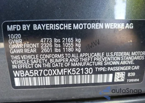 2021 BMW 330I xDrive from USA, damaged, VIN WBA5R7C0XMFK52130